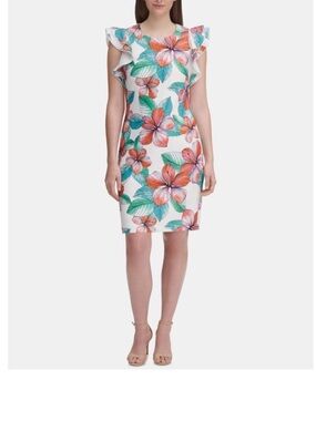 Tommy Hilfiger White Midi Dress with Coral-Pink Flowers and Teal Leaves
